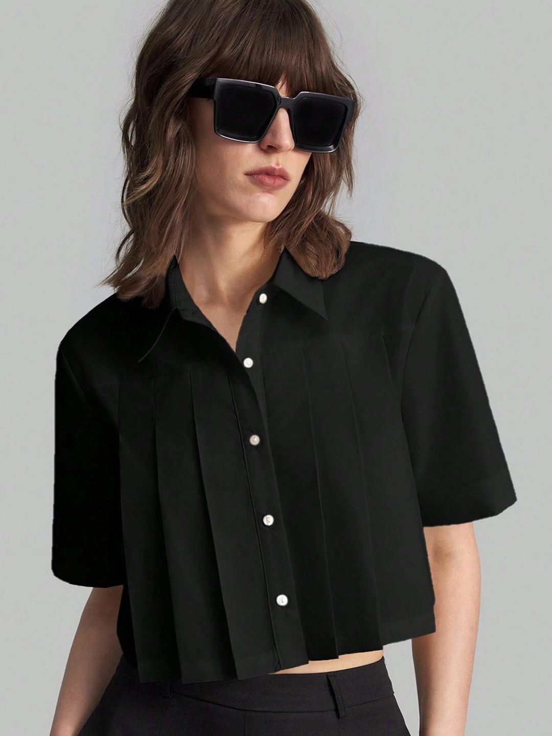 Chemistry Slim Fit Pleated Cropped Peplum Style Cotton Shirt