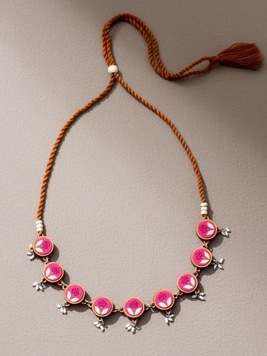 WHE Brass Silver-Plated Upcycled Fabric And Repurposed Wood Flower Choker Necklace