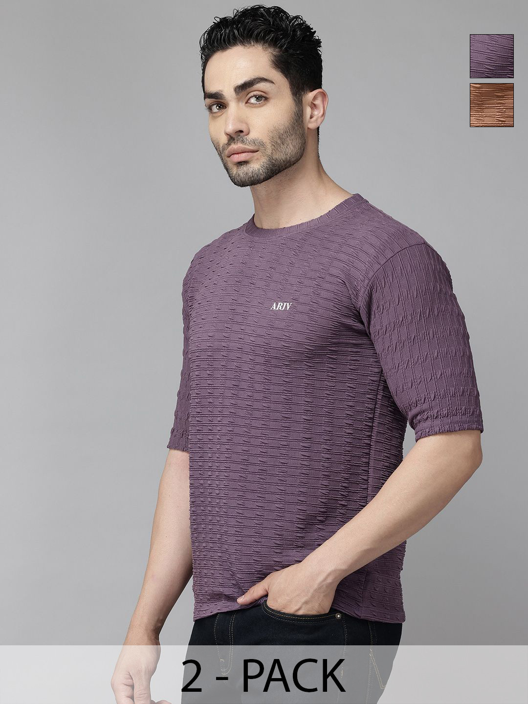 ATLANS Pack of 2 Self Design Round Neck Regular Fit T-shirt