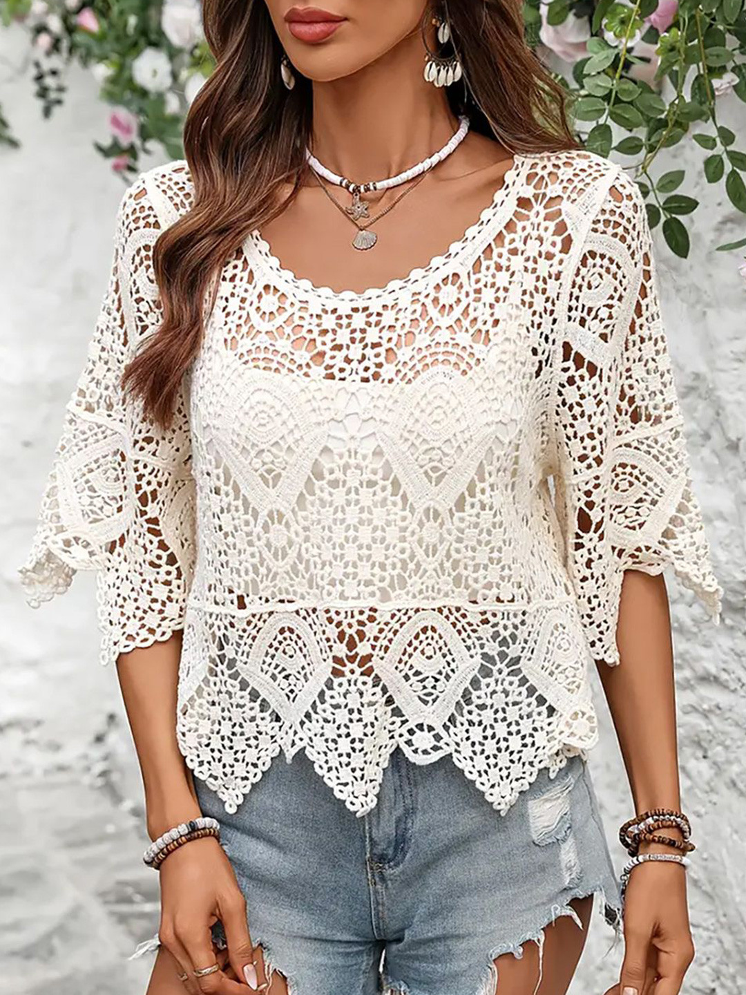 JC Mode Women Ethnic Motifs Self Design Round Neck Crochet Top