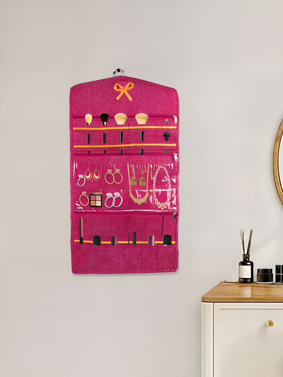 Aura Pink Printed Hanging Cotton Makeup Organiser