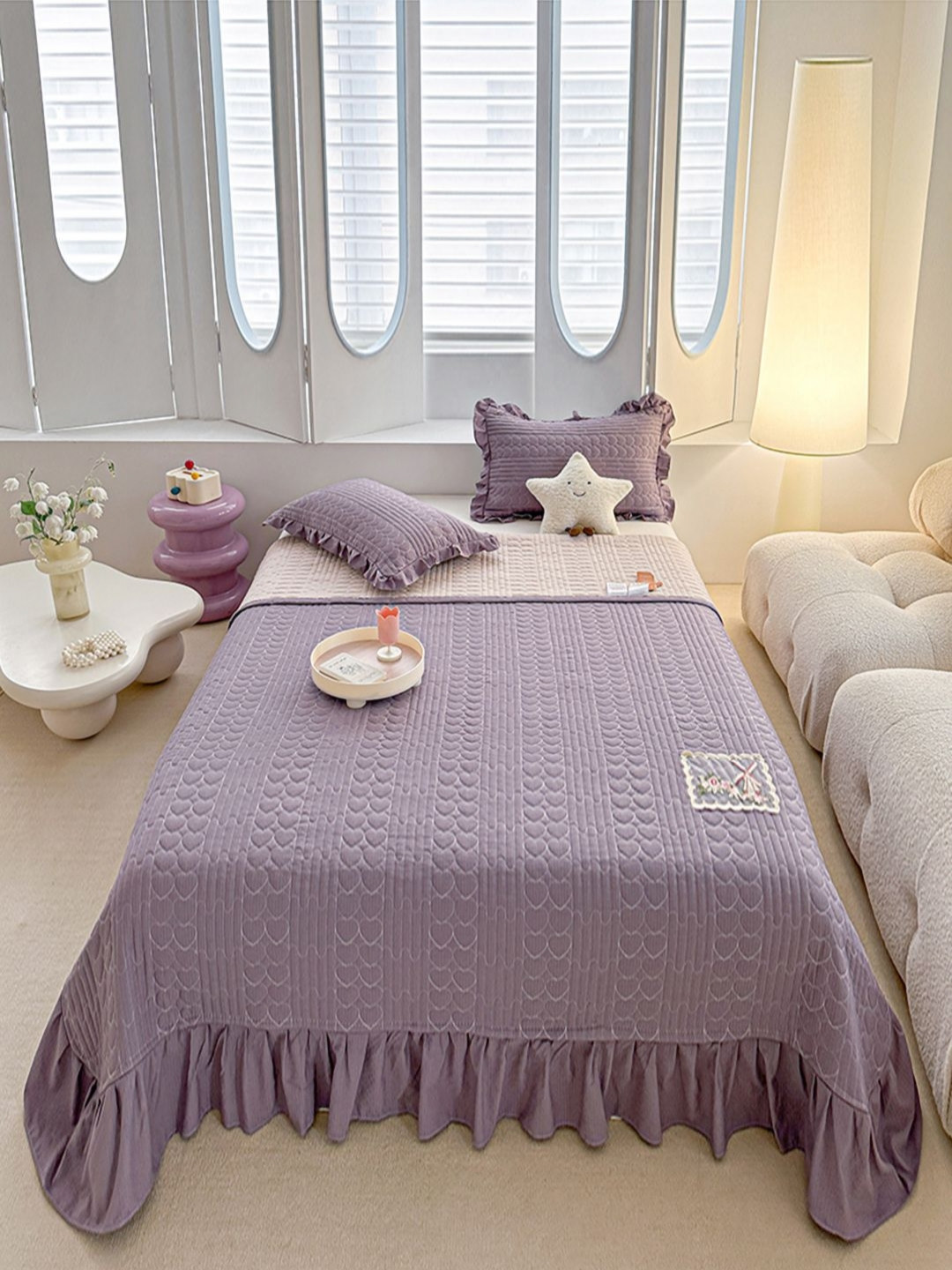 JC HOME Purple Quilted Double Superking Bed Cover With Pillow Covers