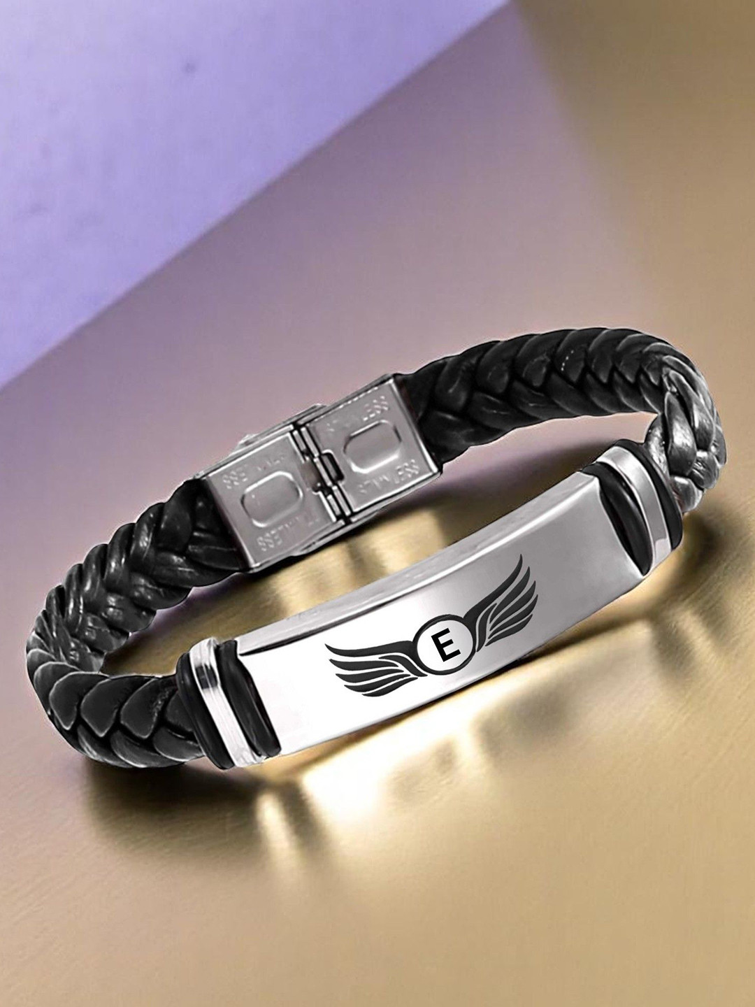 M Men Style E Letter Printed Stainless Steel & Braided Leather Wraparound Bracelet