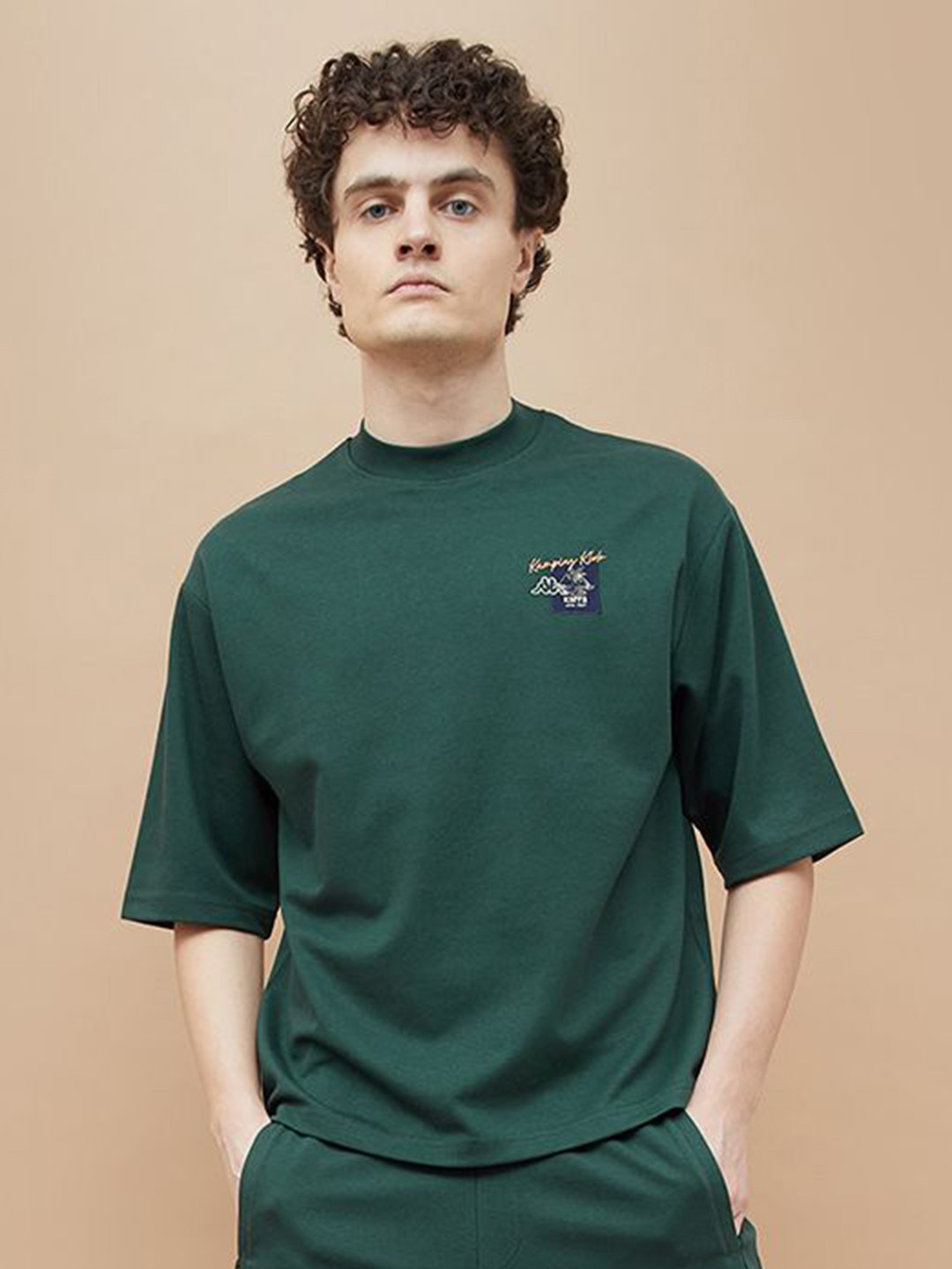 Kappa Solid Round Neck Oversized Drop Shoulder Sleeves Cotton T-shirt