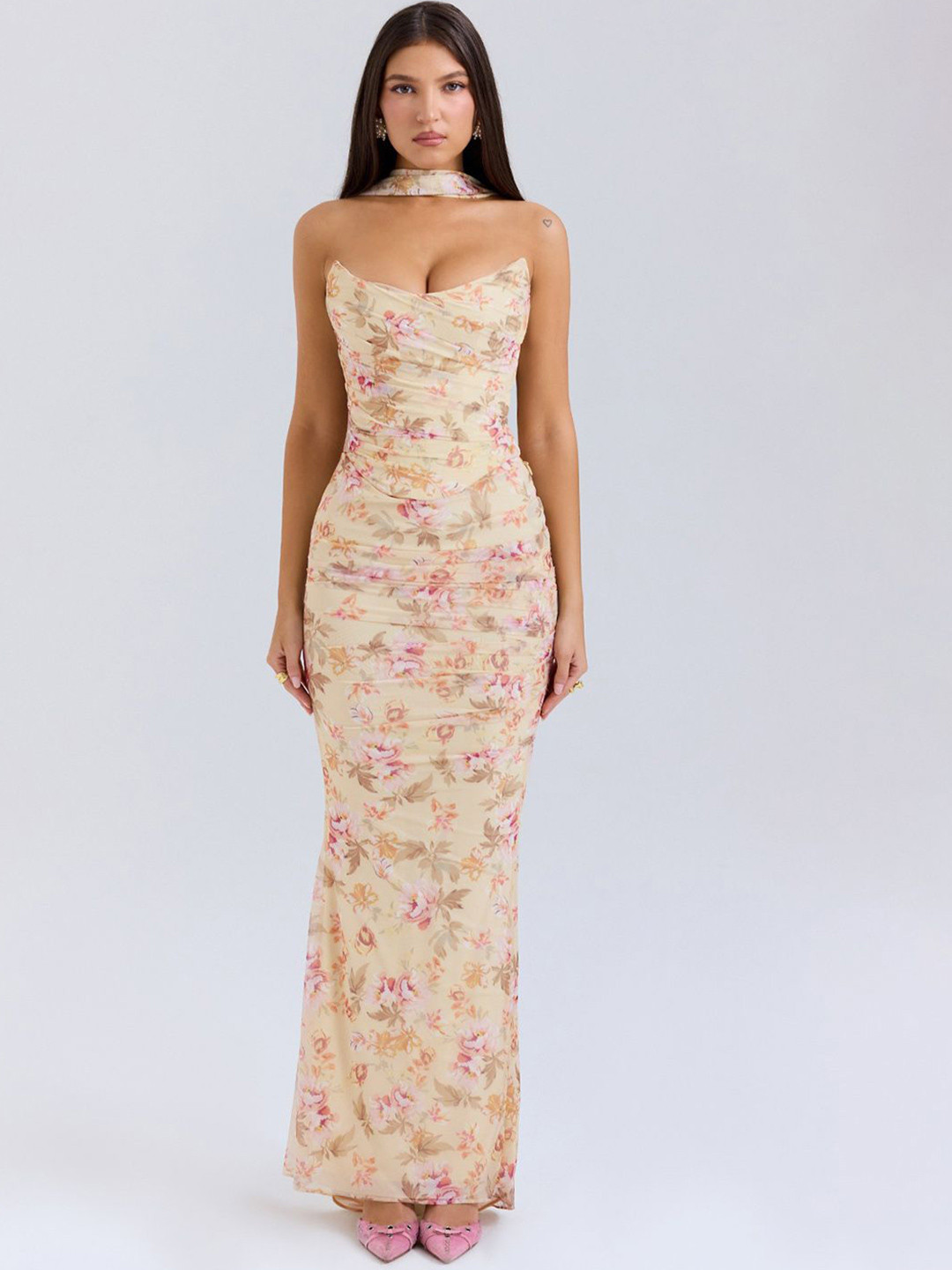 JC Mode Women Floral Print Strapless Maxi Dress