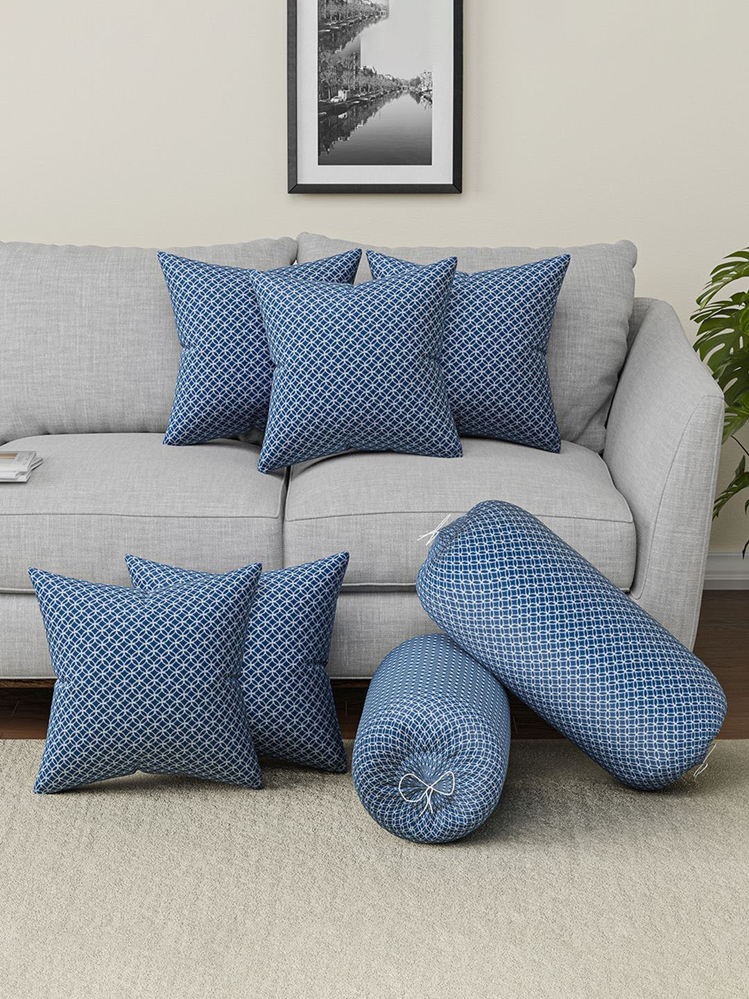 Kuber Industries 7 Pieces Combo Blue & White Geometric Microfiber Cushion & Bolster Cover