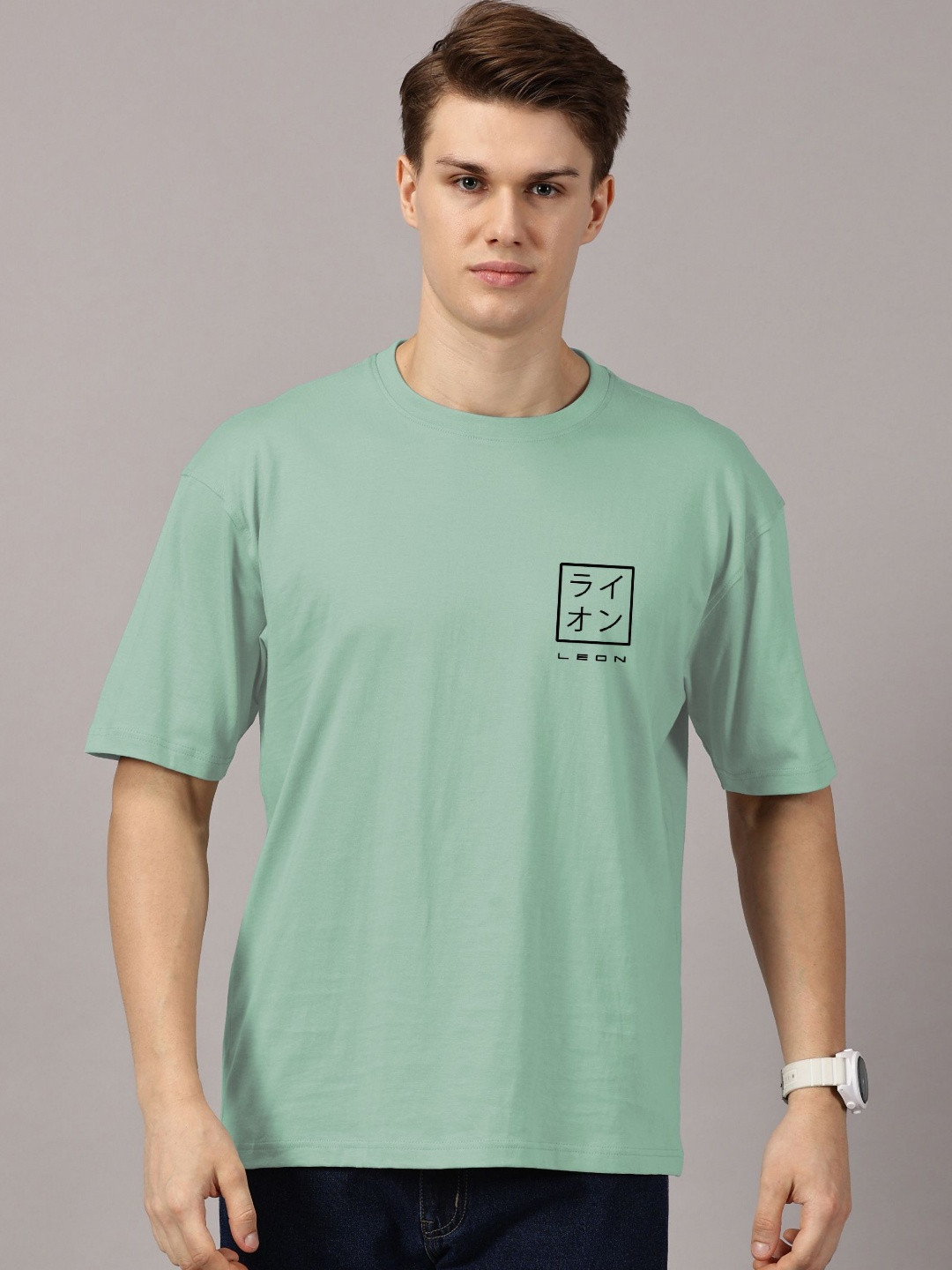 LEON Men Sea Green Brand Logo Oversized Round Neck T-shirt