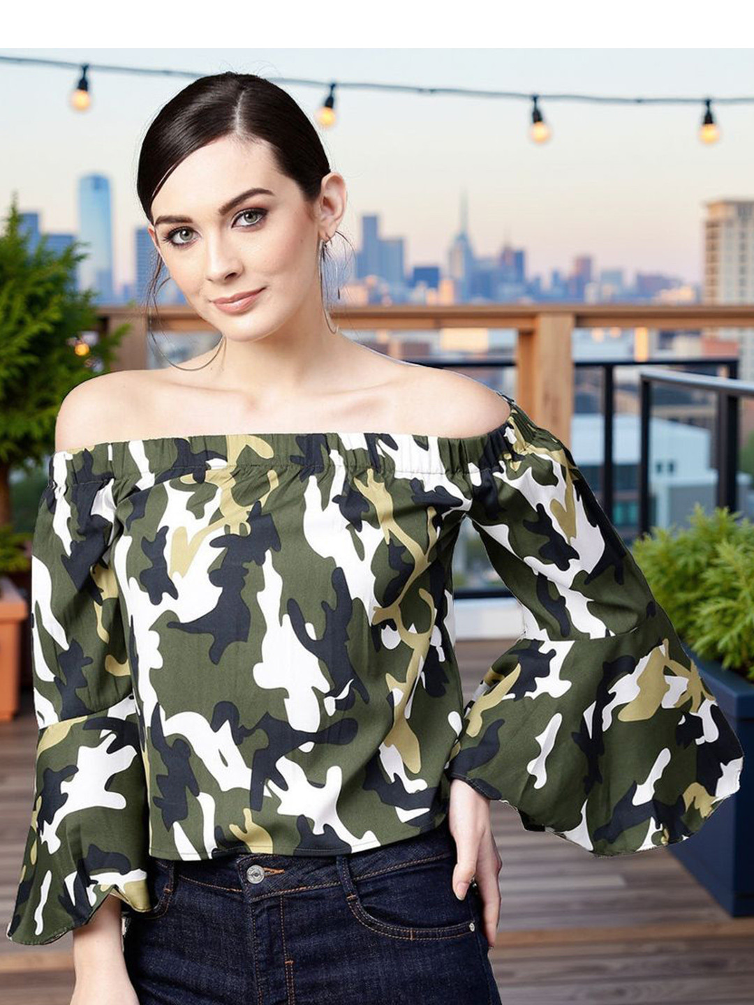 Pannkh Women Camaouflage Printed Bardot Top