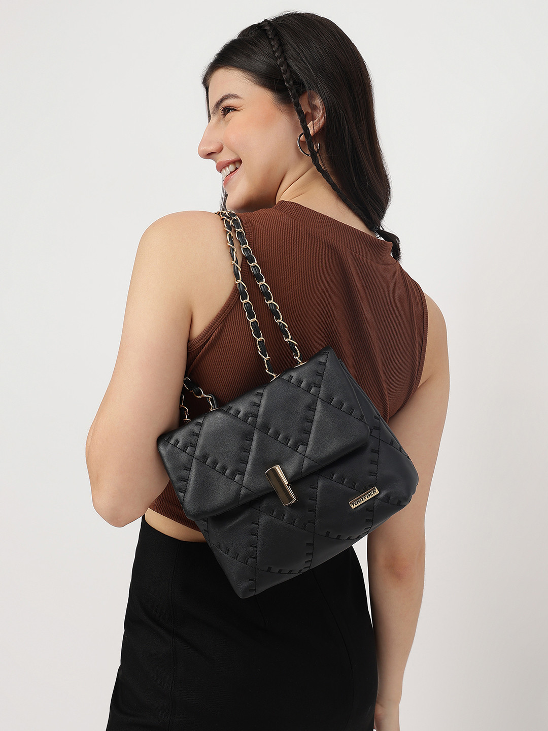 Fastrack Women Solid Quilted Structured Sling Bag with Magnetic Metal Lock and Chain Sling