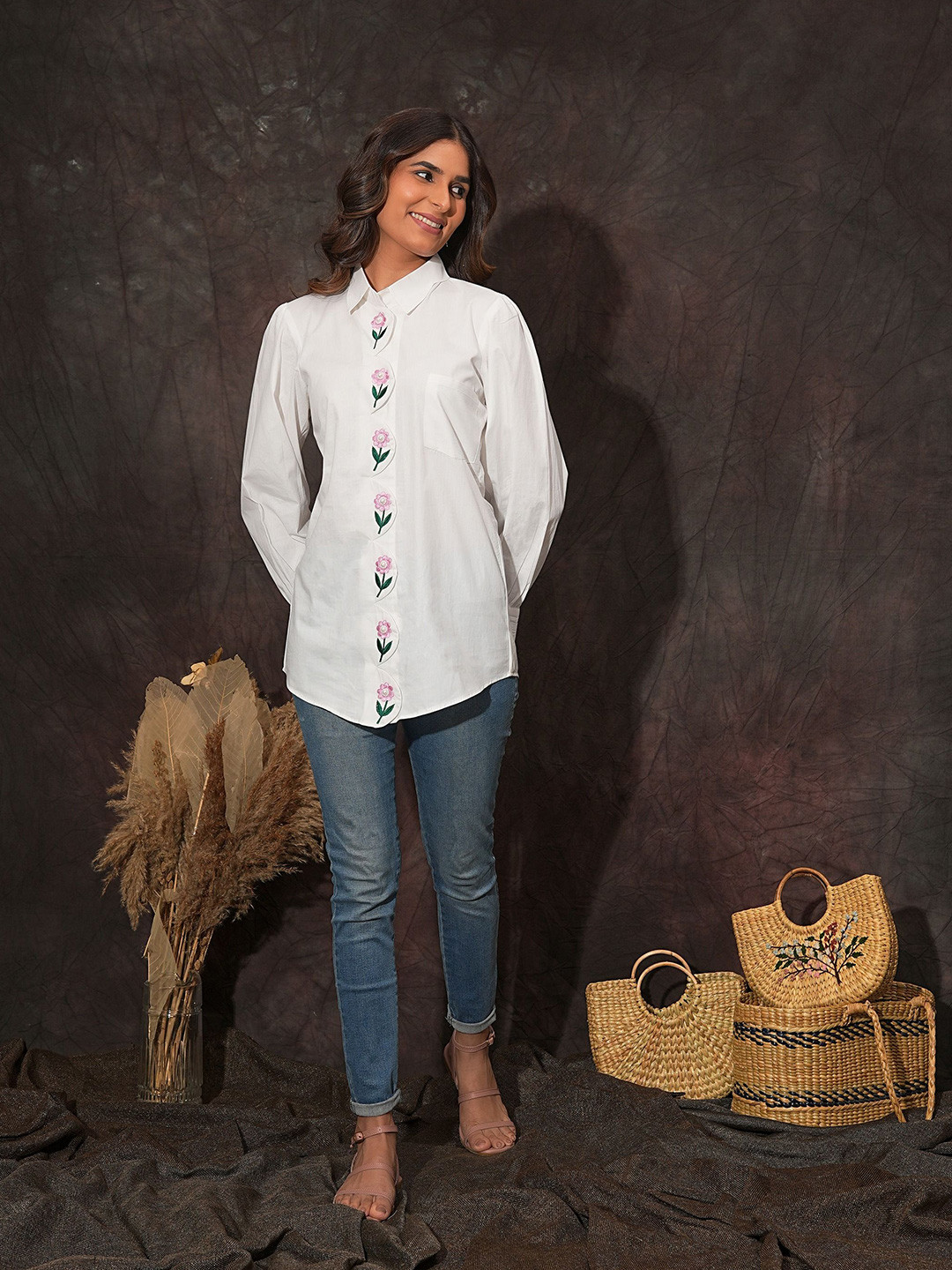 Golden Mirror Floral Embroidered Denim Spread Collar Casual Shirt