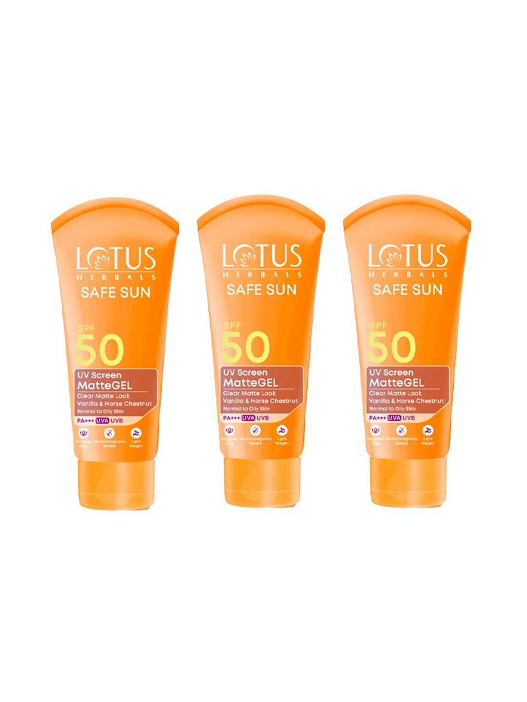 Lotus Herbals Set Of 3 Safe Sun SPF 50 UV Screen Matte Gel - 30 g Each
