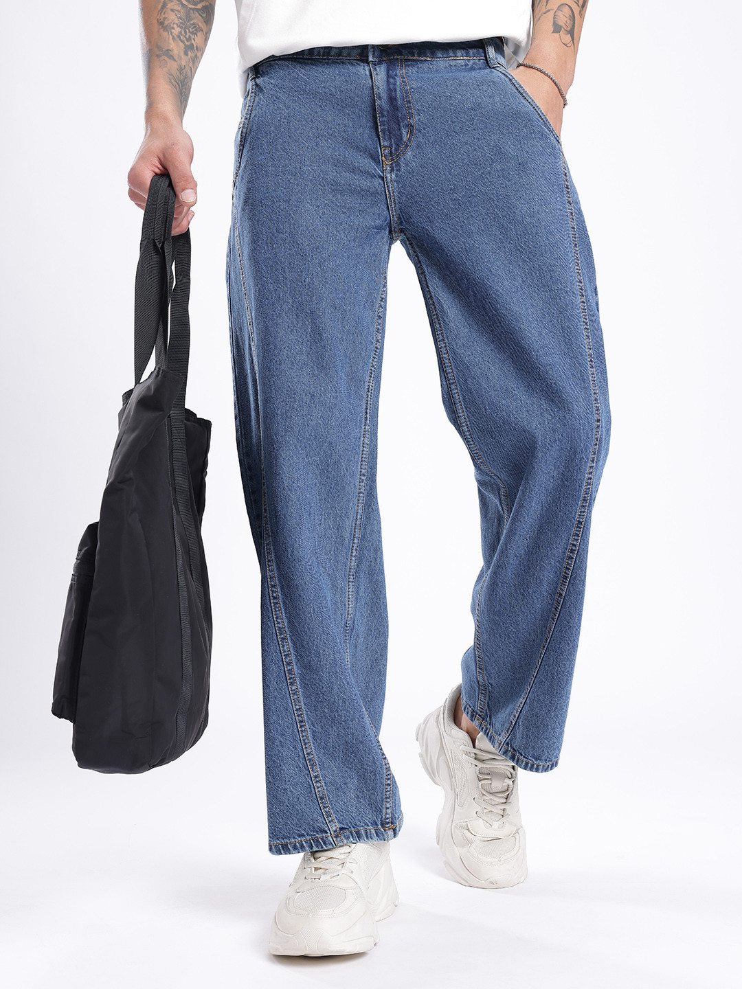 glitchez Men Panelled Wide Leg Light Fade Jeans