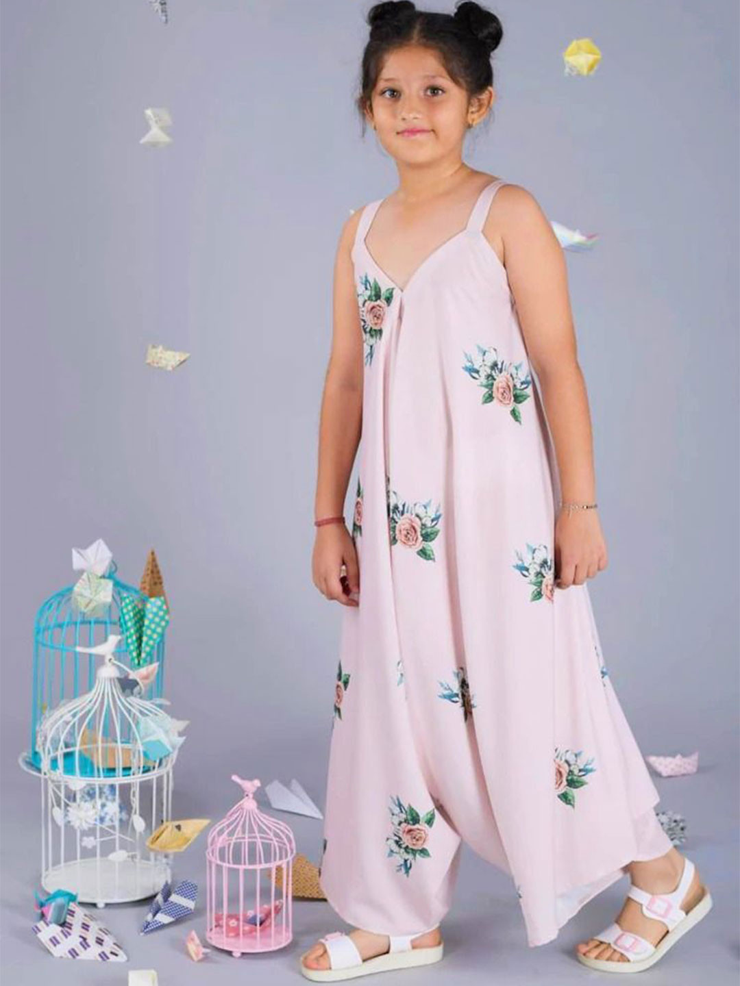 Pasha Girls Pink Palazzo Floral Printed Culotte Jumpsuit