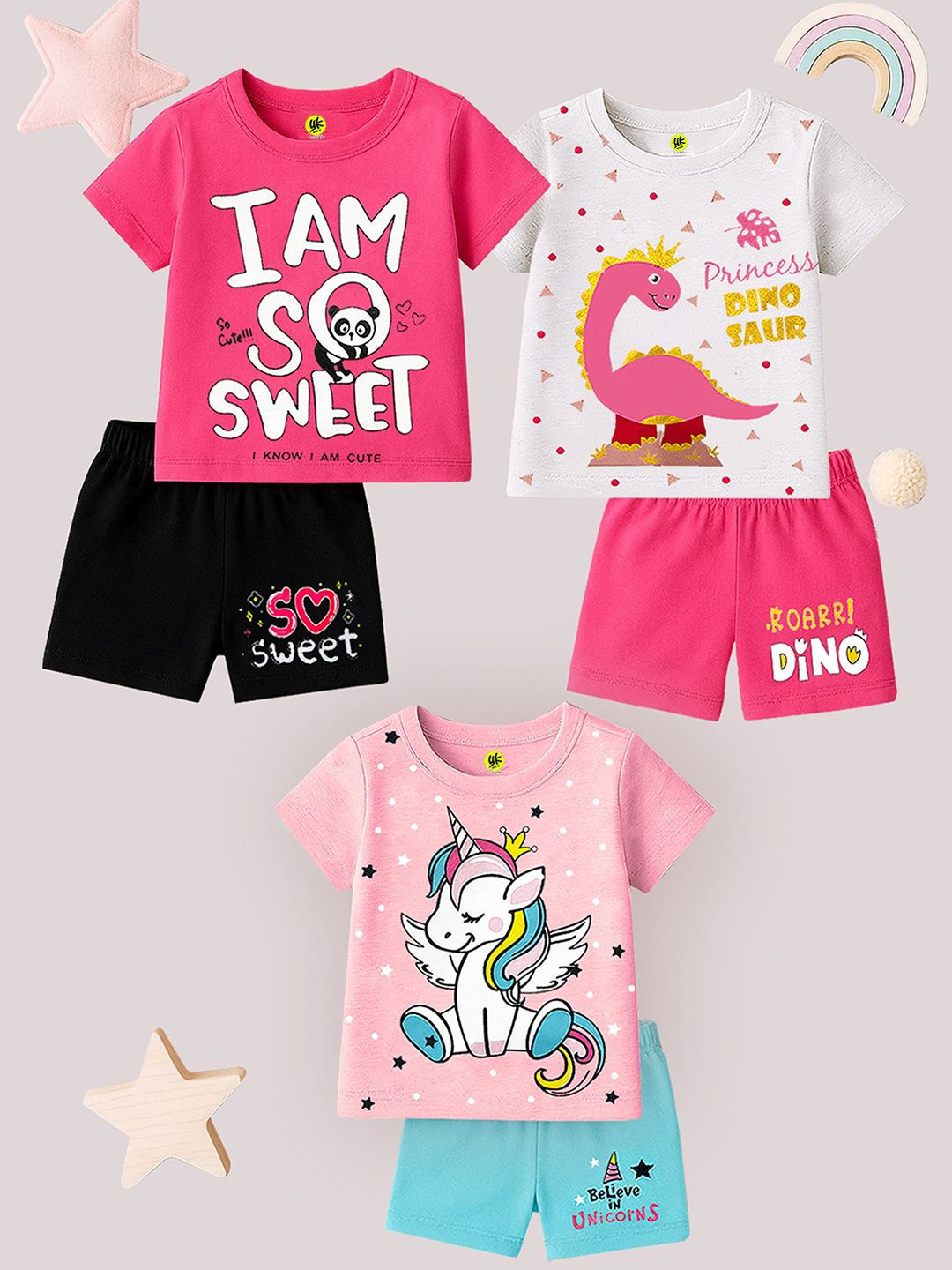 YK Girls Selection Of 3 Printed T-shirt With Shorts