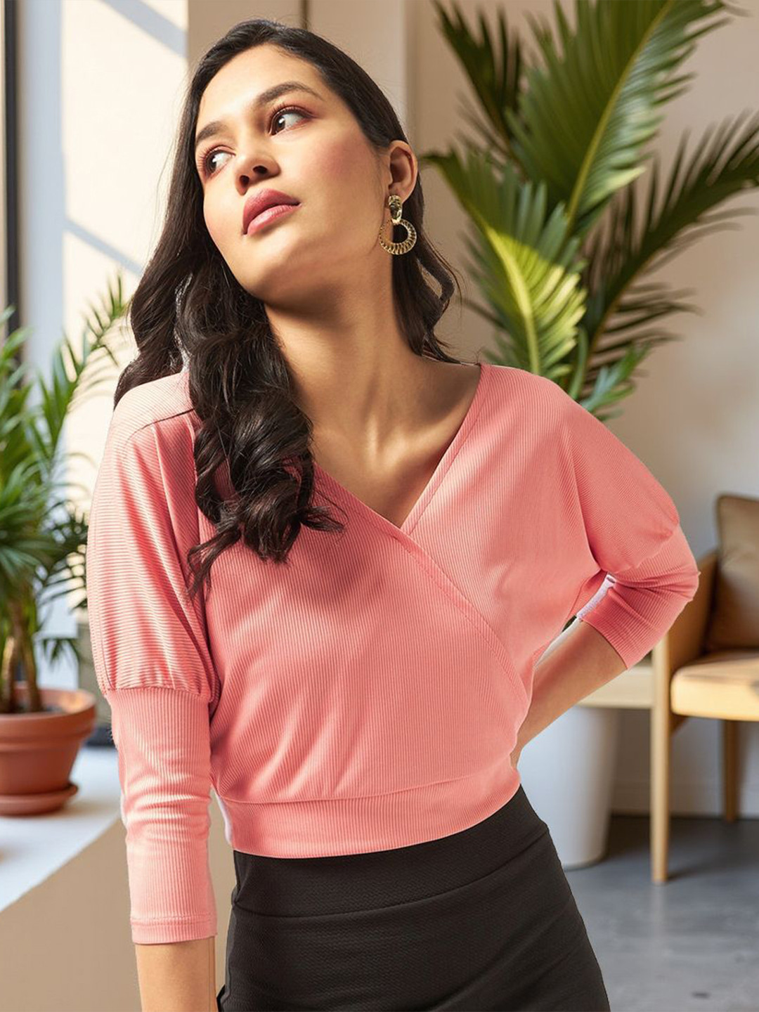 Zima Leto Women Ribbed V-Neck Puff Sleeves Wrap Top