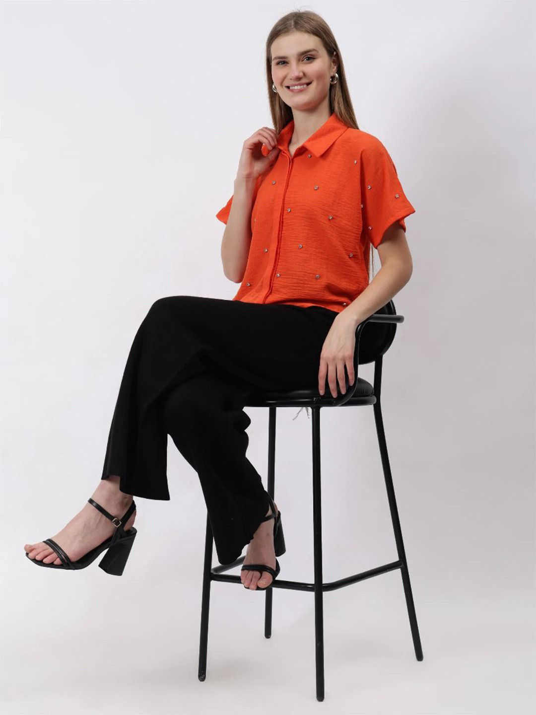 Fashion Gaiia Straight Spread Collar Stone Work Cotton Crop Shirt