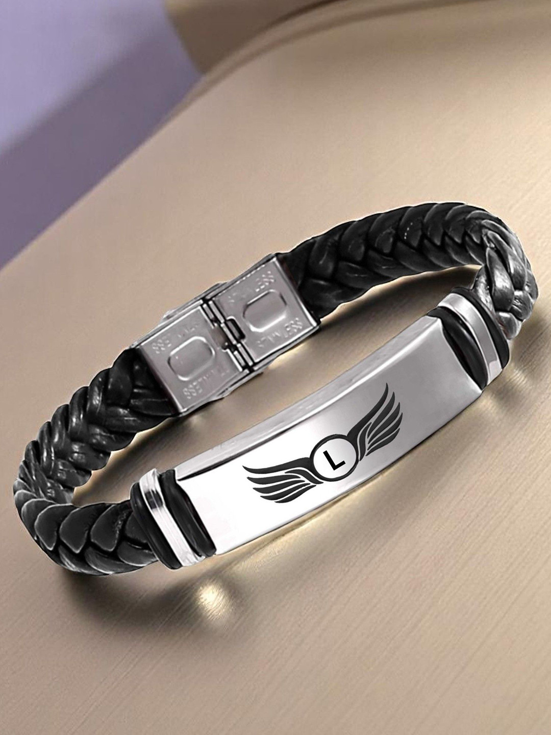 M Men Style L Letter Printed Stainless Steel & Braided Leather Wraparound Bracelet
