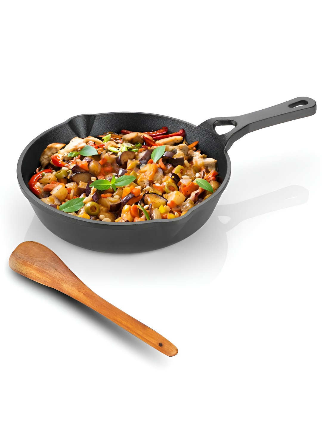 Lifelong Black Dishwasher Safe & Non-Stick Cast Iron Pan With Wooden Spatula-2.5 L