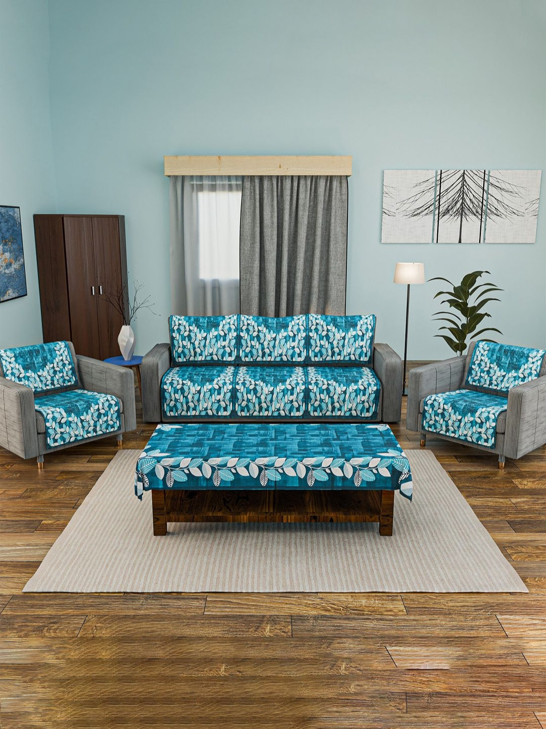 Aura Blue & White 11 Pieces Printed Velvet 5 Seater Sofa Cover & Table Covers