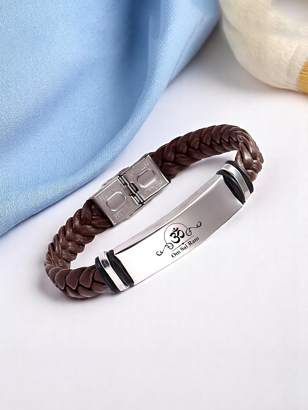 M Men Style Om Sai Ram Printed Stainless Steel & Braided Leather Wraparound Bracelet