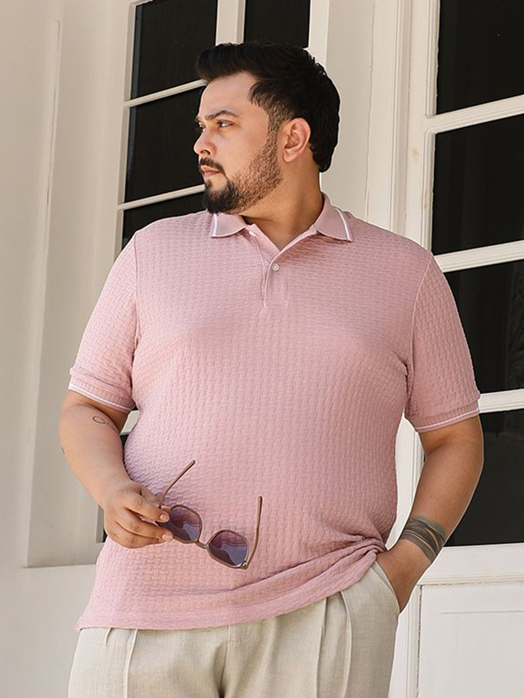 Instafab Plus Solid Textured Polo Collar Short Sleeves Regular Fit Cotton T-Shirt