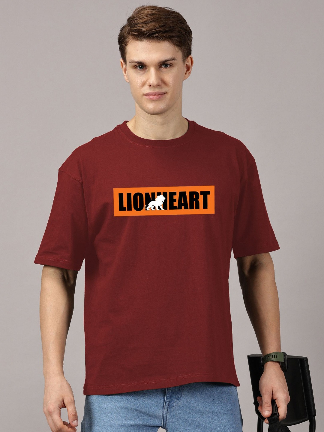 Lionheart Typography Printed Round Neck Oversized T-shirt