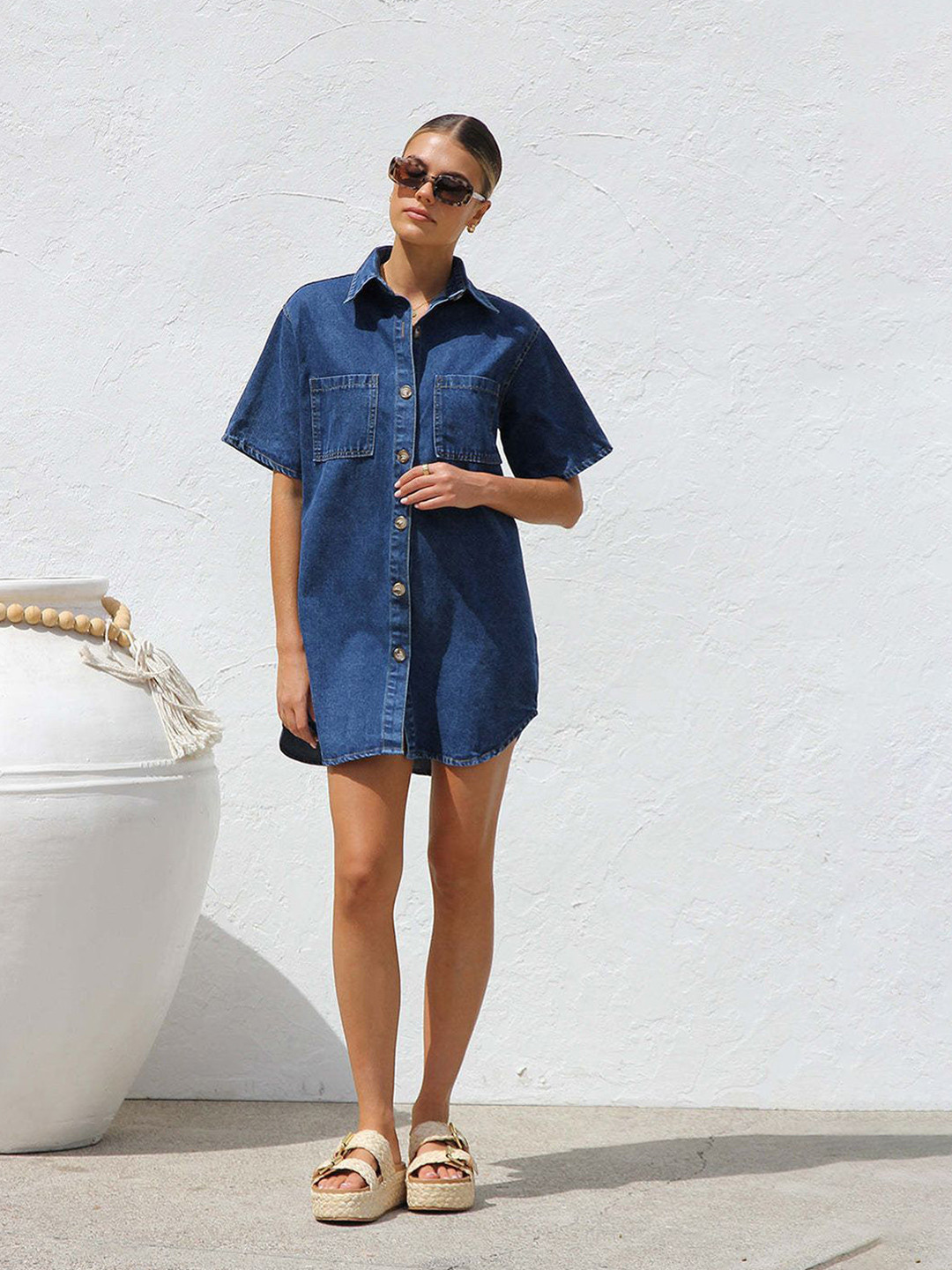 JC Mode Women Frayed Denim Shirt Dress