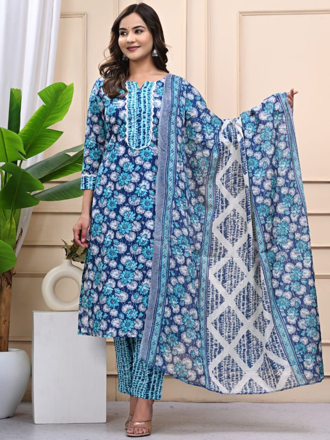Shivaradhya Designers Floral Printed Pure Cotton Kurta With Trousers & Dupatta
