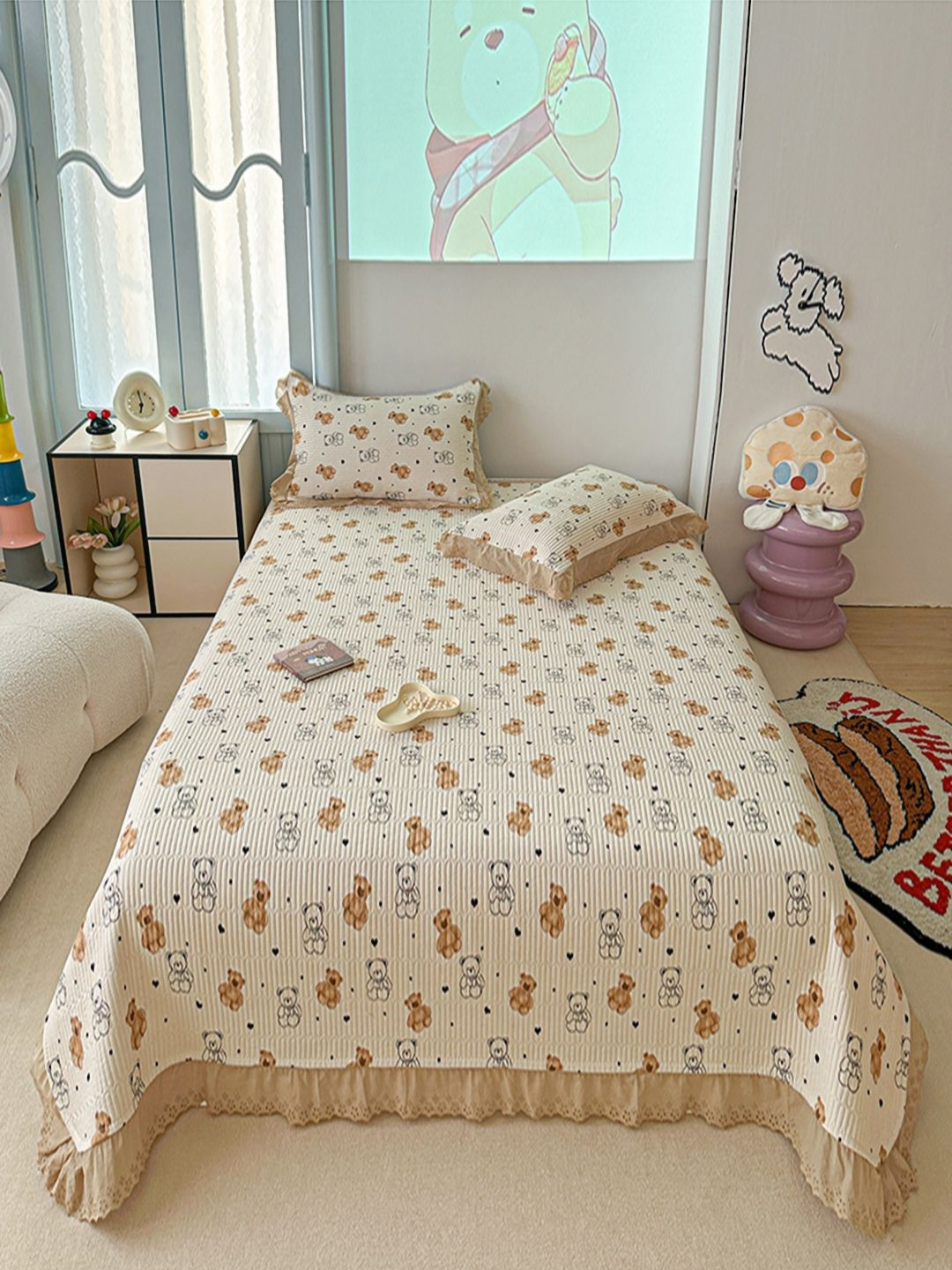 JC HOME Beige & Brown Cartoon Character Printed 162 TC Queen BedcoverSet