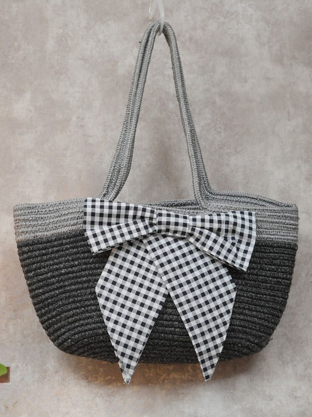 Ariya Women Grey & Black Cotton Blend Handbag with Teddy Patch