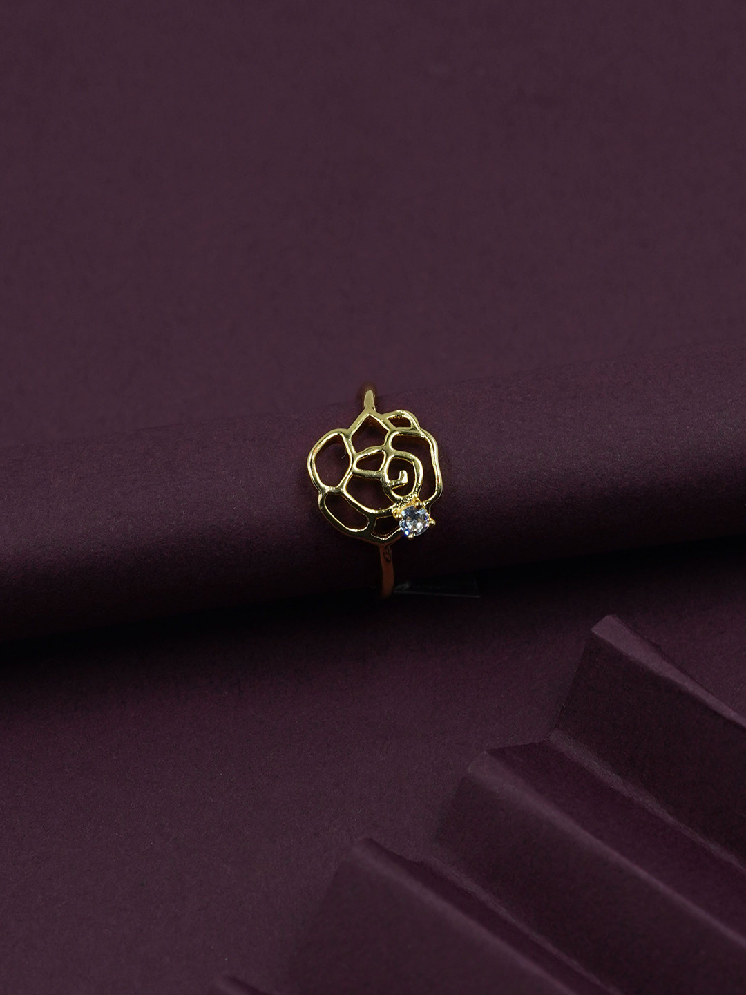 ARTKLIM Gold-Plated Rose Design American Diamond Studded Adjustable Finger Ring
