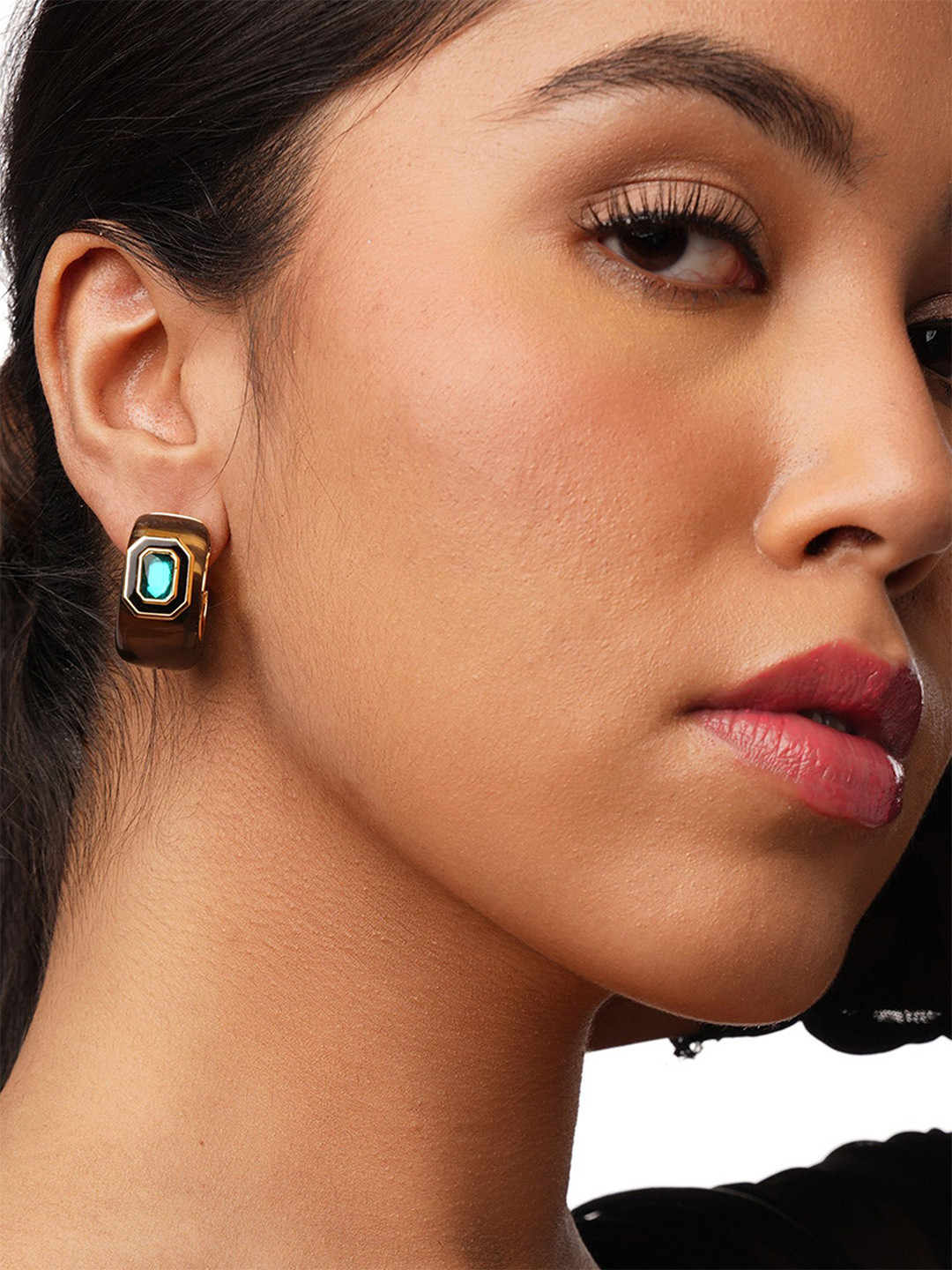 Isharya 18Kt Gold Plated Contemporary B-Dazzle Crystal Resin Huggies Hoop Earrings