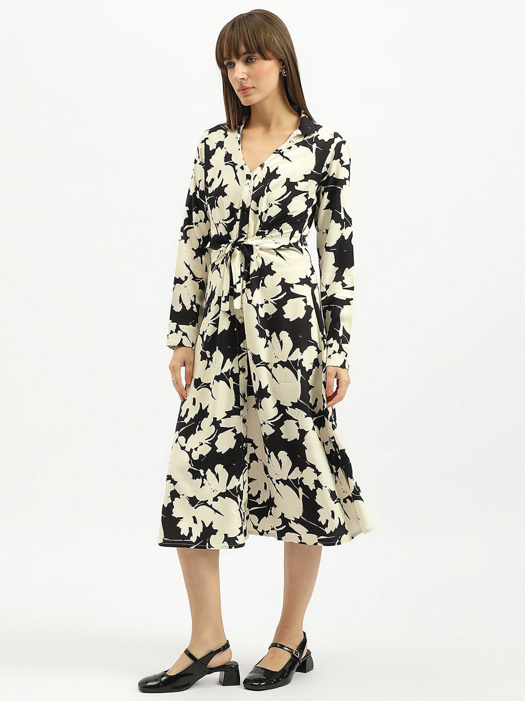 United Colors of Benetton Floral Print Monochrome Shirt Midi Dress