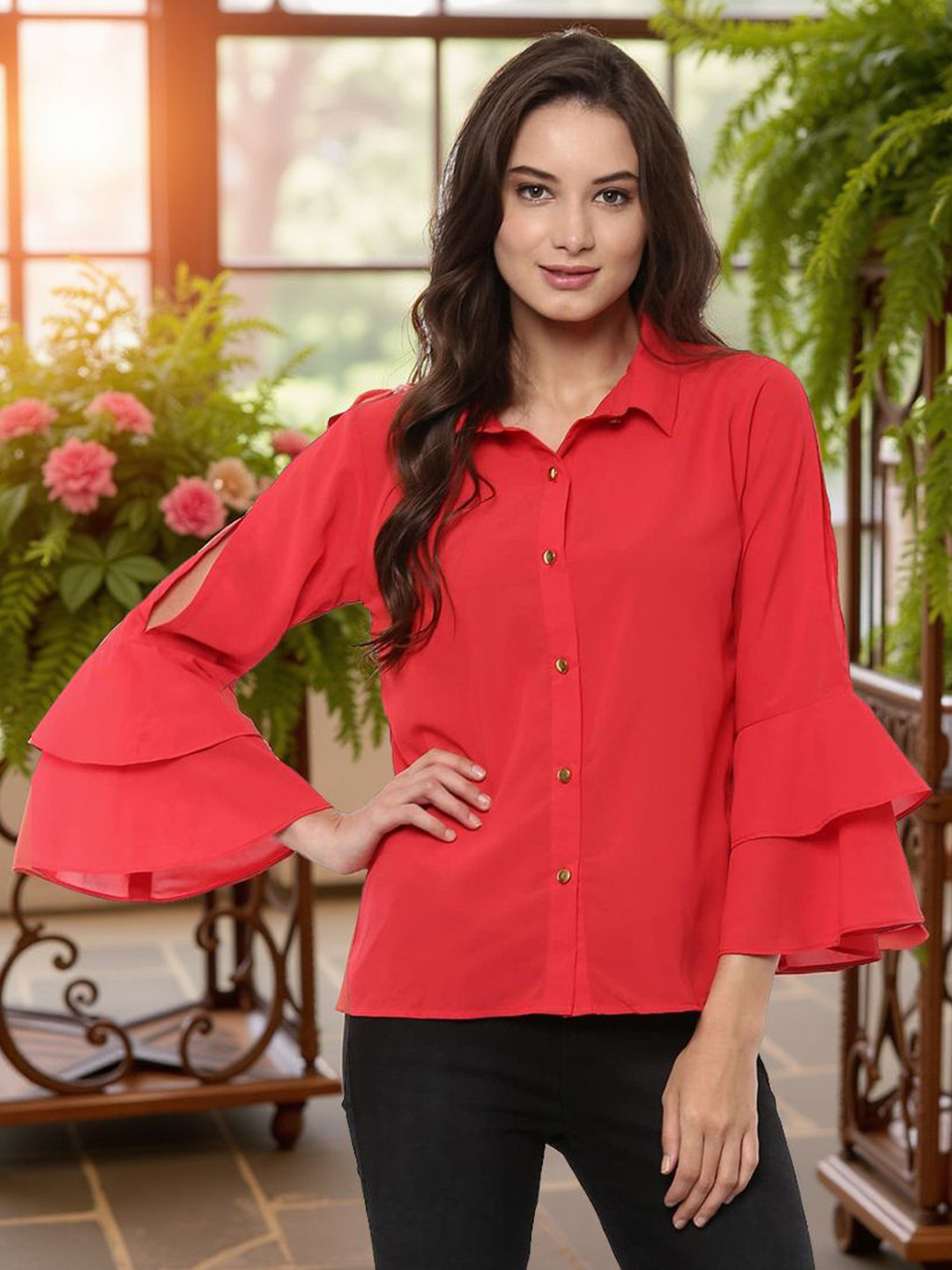 Pannkh Women Shirt Style Tops  With Bell Sleeves