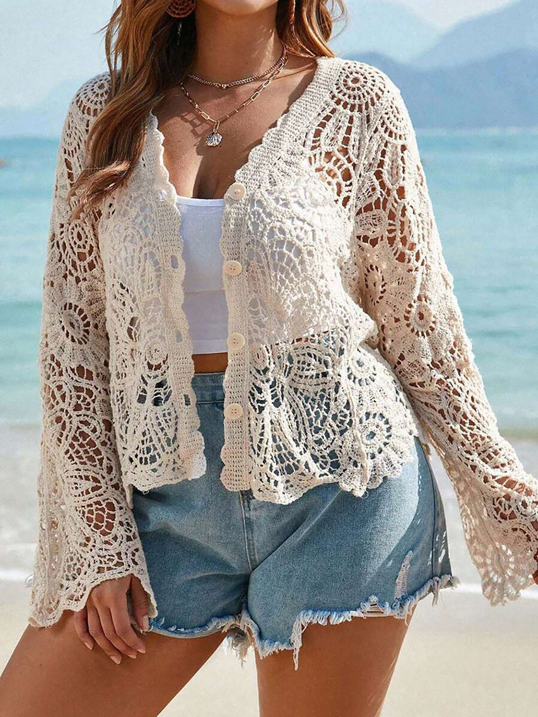 JC Mode Bell Sleeve Crochet Shirt Style Top