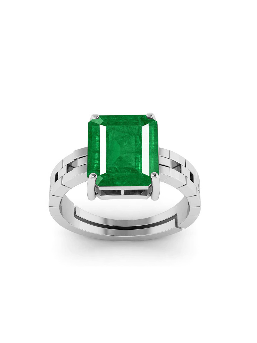 RRVGEM Emerald 9.25 Ratti To 9.00 Ratti Emerald Silver Plated Adjustable Finger Ring