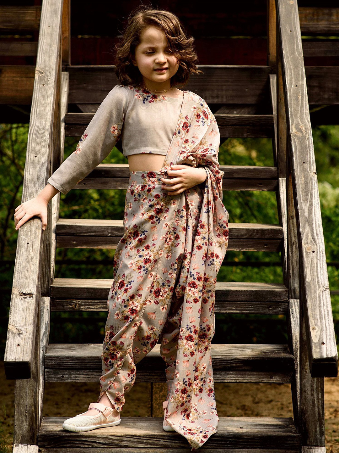 Pasha Girls Laurel Green Dhoti Saree & Top