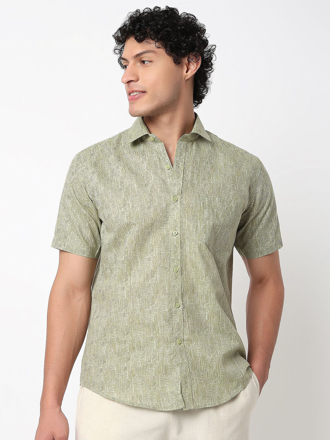 MARK & ALBERT India Slim Fit Geometric Printed Wrinkle Free Cotton Linen Causal Shirt