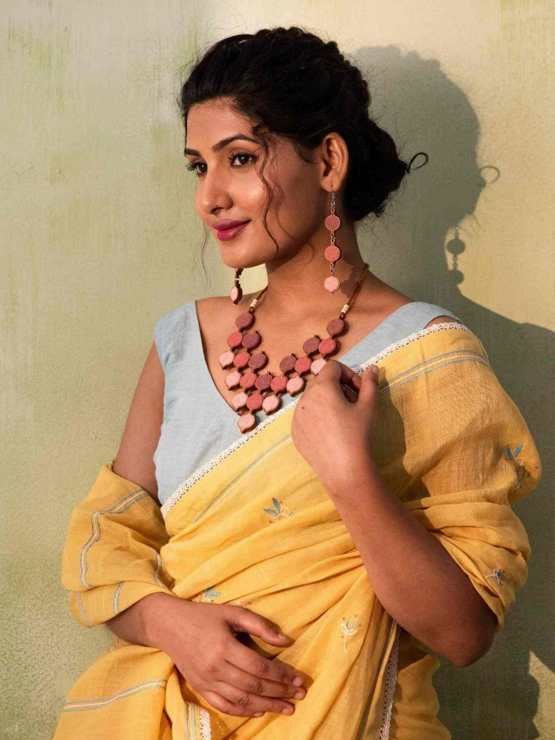 WHE Repurposed Fabric and Wood Circular Shaped Drop Earrings