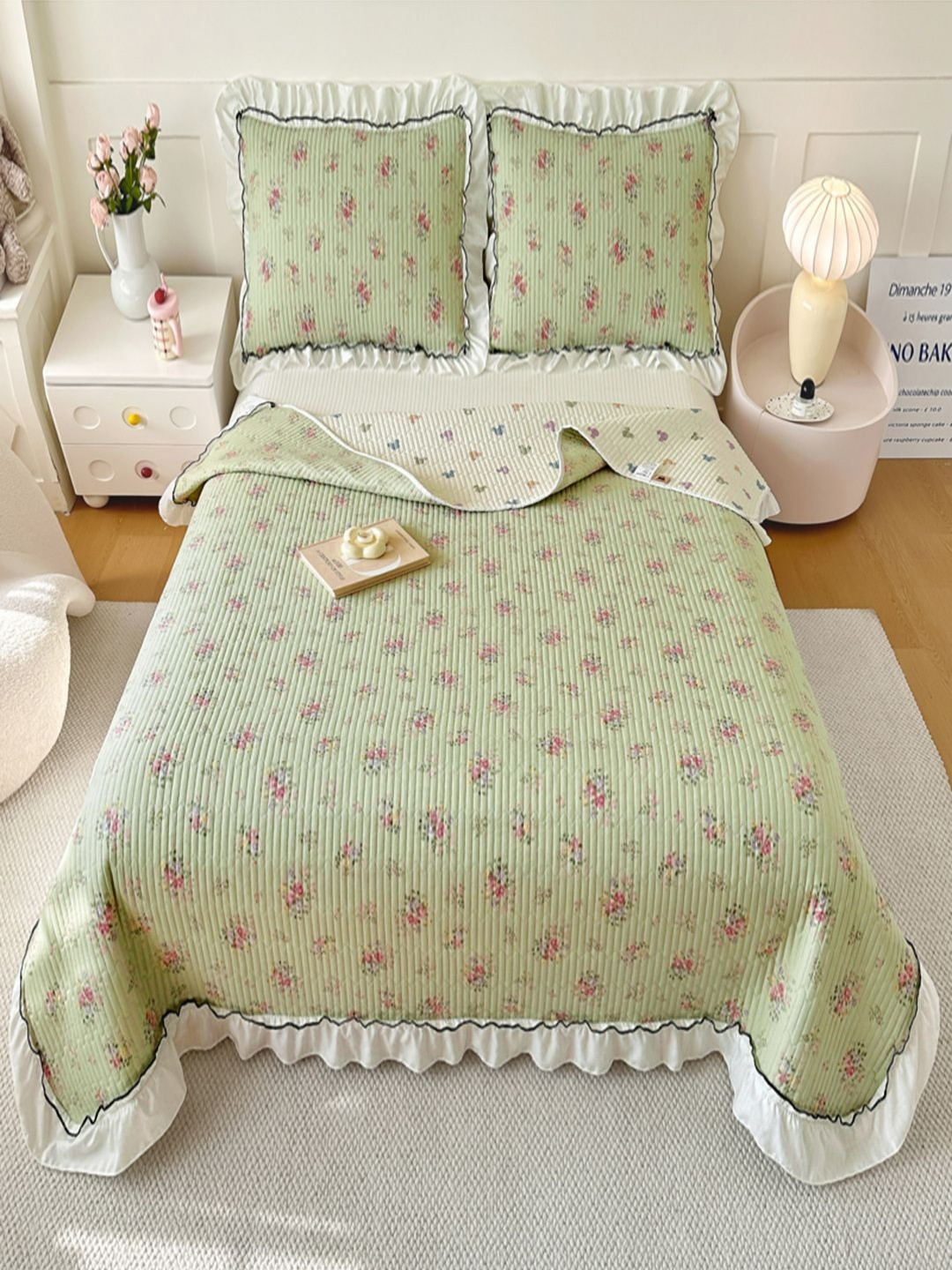 JC HOME Green & Pink Printed Double Bed Queen Cover With Pillow Covers -2.0 x 2.3 m