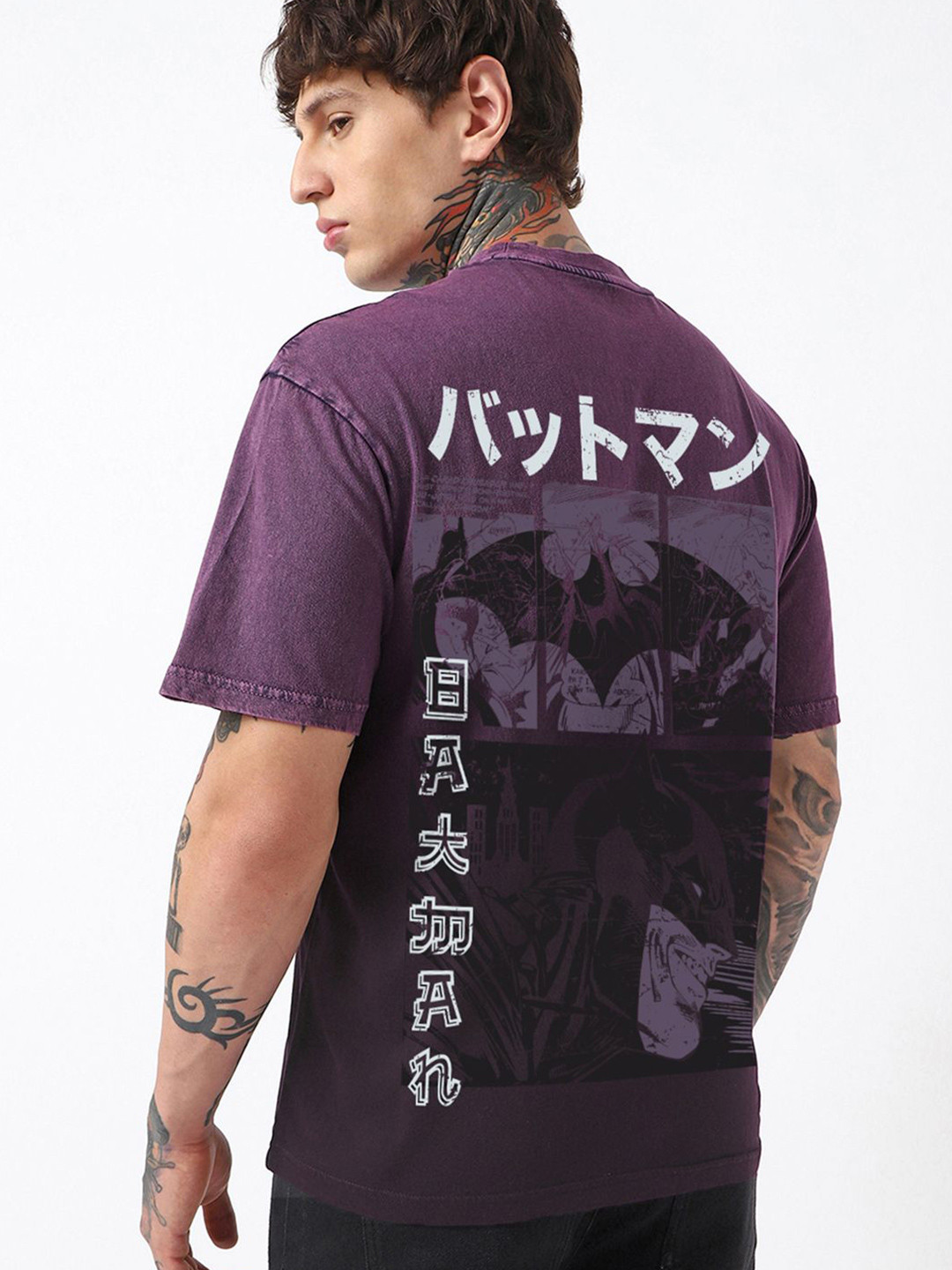 Bewakoof OFFICIAL DC MERCHANDISE Men's Purple Batman Printed Oversized Acid Wash T-shirt