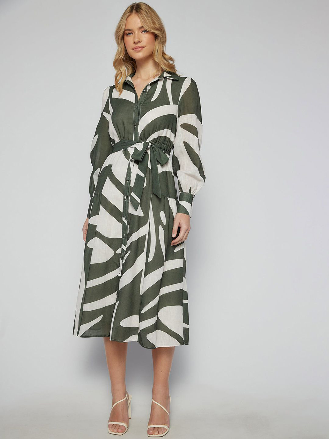 JC Mode Women Striped Shirt Collar Midi Dress