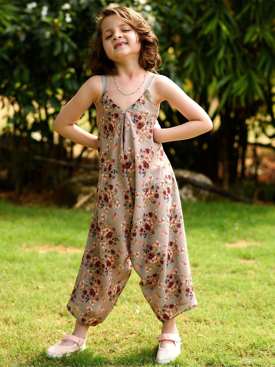 Pasha Girls Laurel Green Printed Culotte Palazzo Jumpsuit