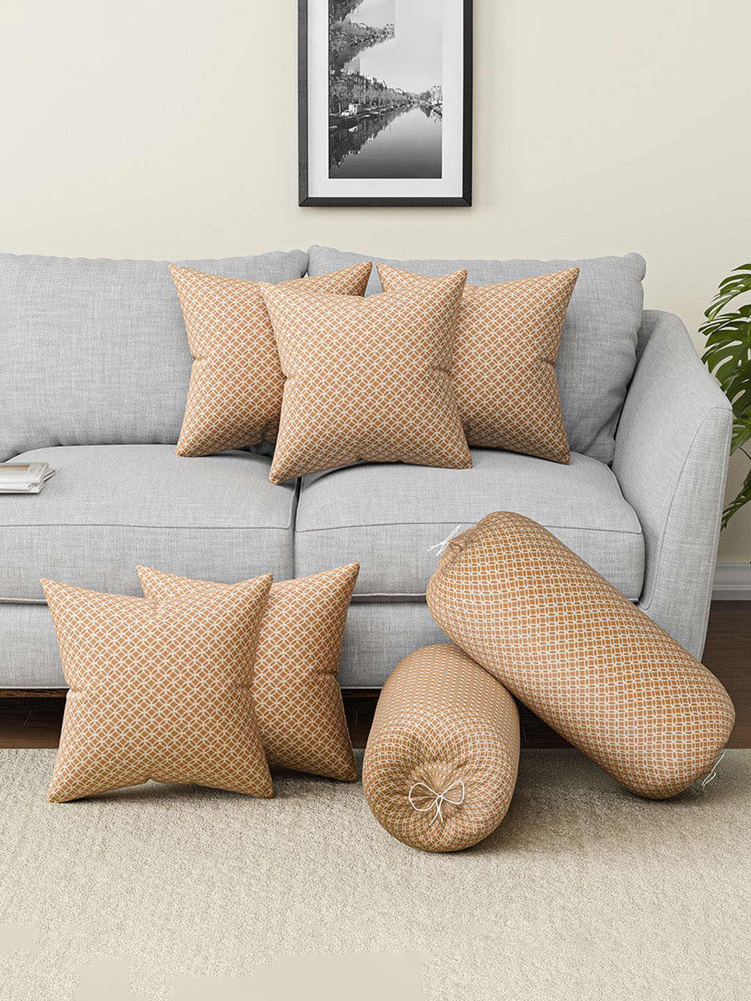 Kuber Industries 7 Pieces Combo Gold-Toned & White Geometric Cushion & Bolster Cover