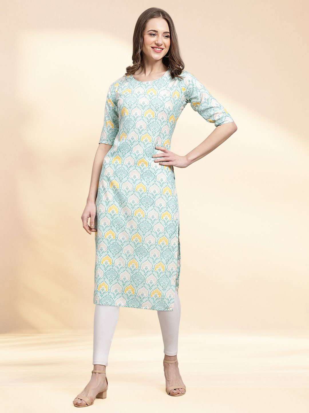 HERE&NOW Ethnic Motifs Printed Round Neck Straight Kurta