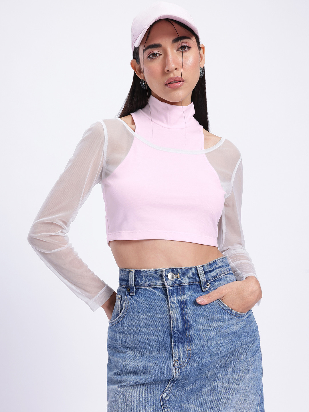 glitchez Sheer Net Sleeves Cropped Top