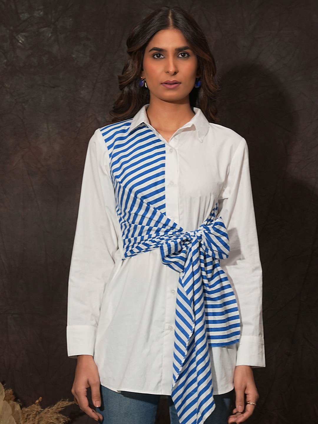 Golden Mirror Striped Spread Collar Knotting Casual Shirt