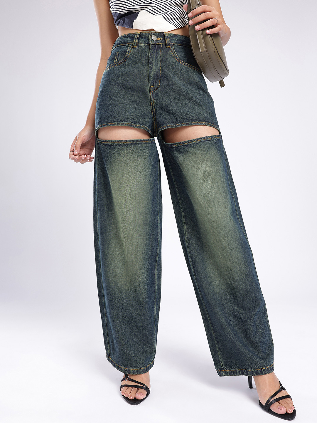 glitchez Women Baggy High-Rise Heavy Fade Cut Out Jeans