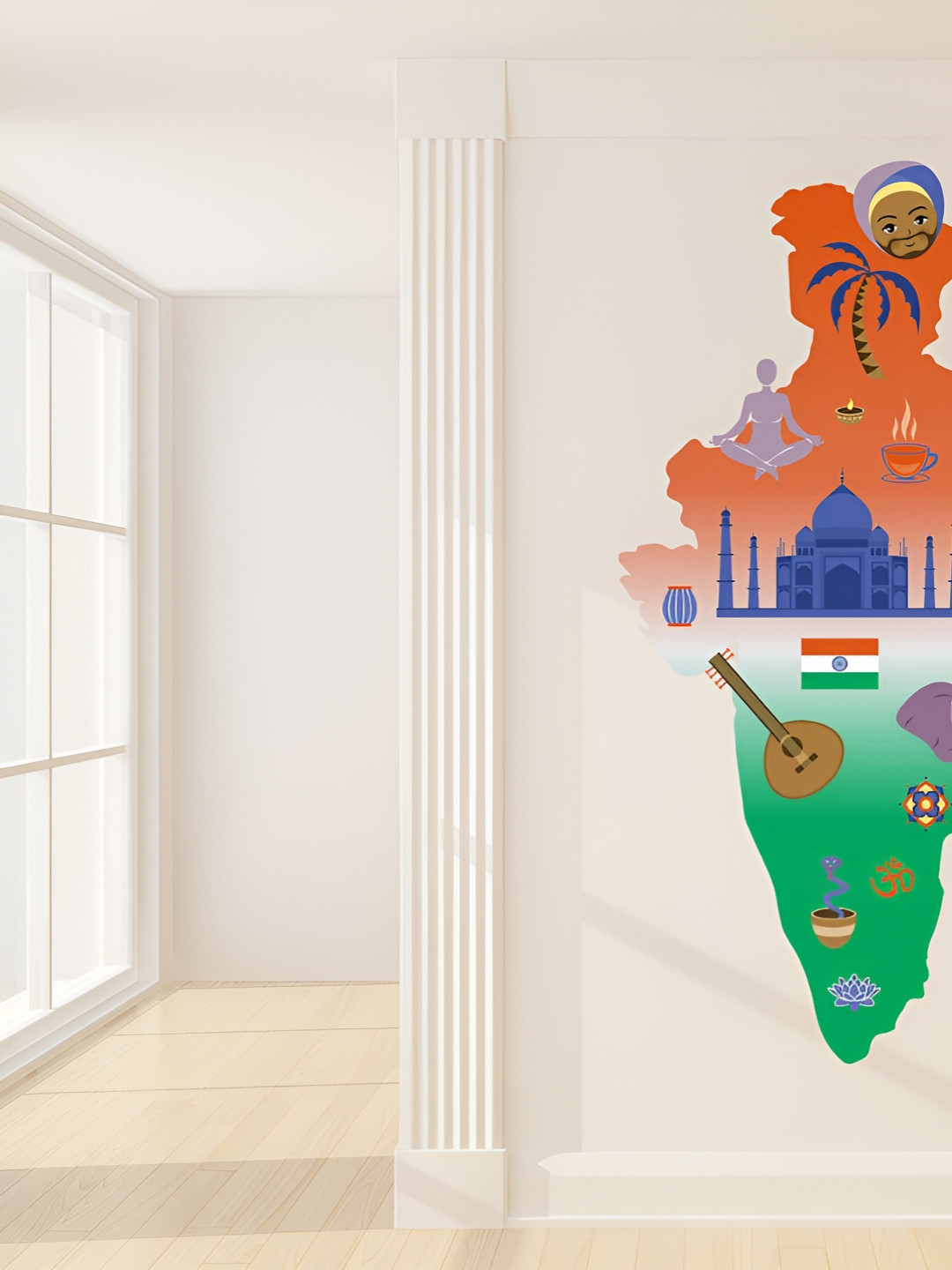 LANSTICK Orange-Colored & Green Printed India Famous Map Wall Sticker