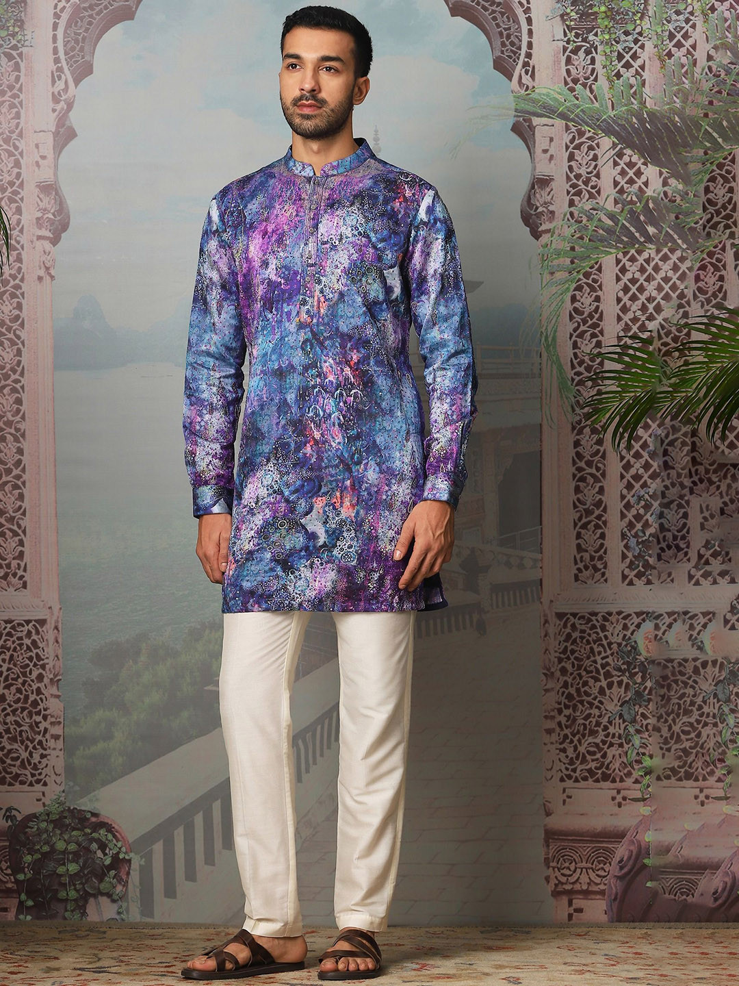 ASUKA Cosmos Abstract Printed Beads & Stones Satin Straight Kurta With Trouser